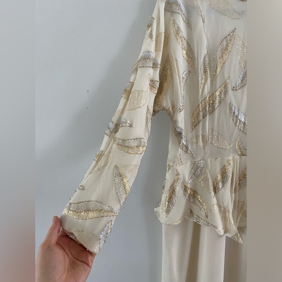 70s/80s handmade cream with gold leaf peplum style dress - M-L - Picture 5 of 9